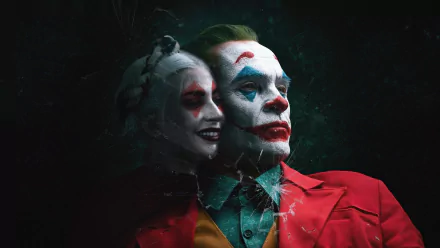 HD desktop wallpaper featuring a close-up of two characters in makeup from the movie Joker: Folie à Deux, set against a dark, textured background.