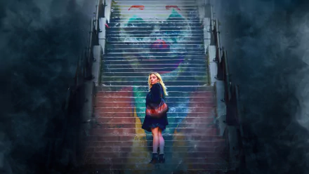 HD desktop wallpaper featuring Lady Gaga on foggy stairs with a colorful mural from the movie Joker: Folie à Deux.