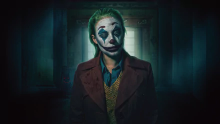 HD wallpaper featuring the Joker from Joker: Folie à Deux with a haunting expression, portrayed by Lady Gaga, set in a dark, moody backdrop.