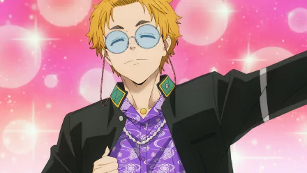 HD desktop wallpaper of Akihiko Nirei from 'Wind Breaker,' featuring him with a confident smile against a sparkling pink background.