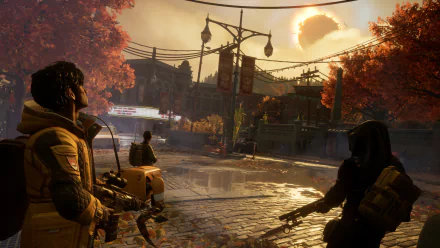 HD desktop wallpaper featuring characters from the video game Redfall, exploring a sunlit street with autumn leaves.
