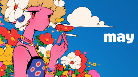 HD desktop wallpaper for May featuring a colorful animated girl with flowers, under a blue sky with the word may in lowercase.