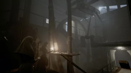 HD wallpaper from the video game Indika featuring a dimly-lit, atmospheric industrial interior with figures examining a work table.