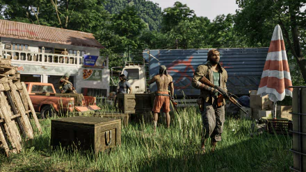 HD desktop wallpaper from the video game Gray Zone Warfare featuring armed characters in a tropical setting with vehicles and military equipment.