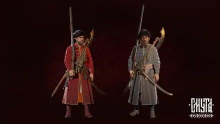 HD desktop wallpaper from the video game Smuta, featuring two characters in historical costumes holding weapons against a dark red background.