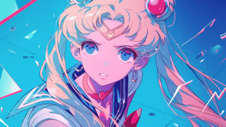 HD wallpaper of Usagi Tsukino from Sailor Moon, featuring a vibrant, colorful illustration of the character set against a dynamic blue background.