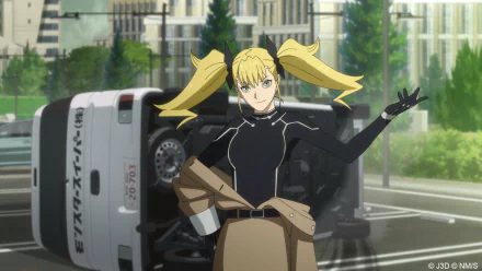 HD desktop wallpaper featuring Kikoru Shinomiya from Kaiju No. 8, standing confidently with a flipped police van behind her.