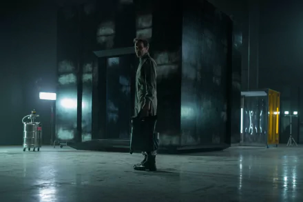 HD wallpaper of Joel Edgerton in a dark, industrial setting from the 2024 TV show Dark Matter.