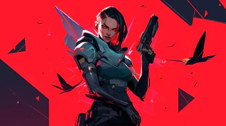 HD desktop wallpaper featuring Fade from Valorant, poised with a pistol against a dynamic red background.