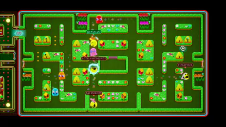HD desktop wallpaper of PAC-MAN Mega Tunnel Battle: Chomp Champs, featuring a vibrant and colorful game map with multiple players.