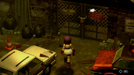 HD desktop wallpaper from the video game Crow Country featuring a character near a cluttered urban area with cars and a gated entrance.