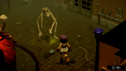 HD desktop wallpaper from the video game Crow Country, featuring a character facing a skeletal creature in a foggy urban setting.