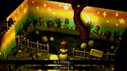 HD desktop wallpaper from the video game Crow Country depicting a scene with a character in a dimly lit room filled with mushrooms and a tree, complemented by starry wall art.