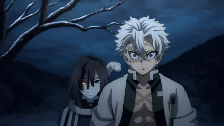 4K Ultra HD anime wallpaper featuring Obanai Iguro and Sanemi Shinazugawa from Demon Slayer: Kimetsu no Yaiba standing under a dark, moonlit sky.