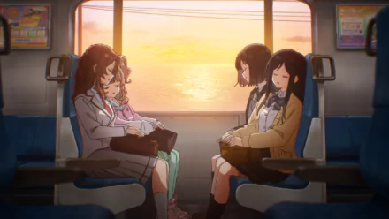 Anime scene of four girls sitting in a train, enjoying a sunset through the window, in a HD desktop wallpaper with a trapezium layout.