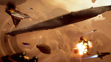HD desktop wallpaper from Homeworld 3 featuring a dynamic space battle with spaceships and explosions in a nebulous environment.