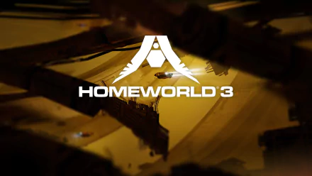 HD desktop wallpaper featuring the logo for Homeworld 3 set against a stylized spaceship design in golden tones.