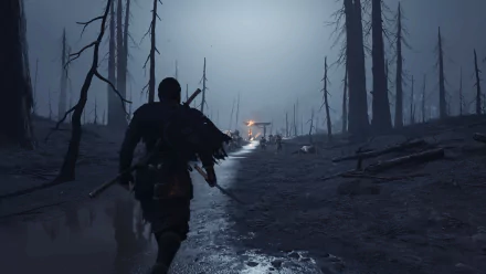HD desktop wallpaper featuring a scene from the video game Ghost of Tsushima, depicting a warrior walking through a murky, fog-laden forest at twilight.