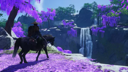 HD desktop wallpaper featuring a scene from the video game Ghost of Tsushima, with a samurai on horseback overlooking a waterfall surrounded by purple foliage.