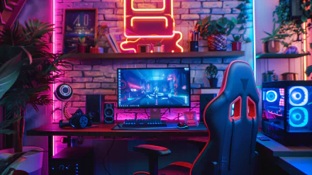 A vibrant gaming room with neon lights, featuring a high-back gaming chair facing multiple monitors and a PC setup, suitable as an HD desktop wallpaper.