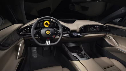 HD desktop wallpaper featuring the luxurious interior of a Ferrari Purosangue. The sleek dashboard, sophisticated beige leather seats, and steering wheel embossed with the iconic Ferrari logo are prominently shown.