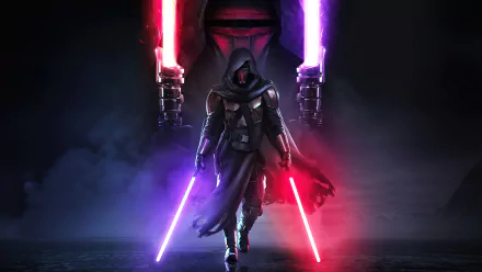 HD desktop wallpaper featuring Darth Revan from Star Wars: Knights of the Old Republic, wielding dual lightsabers in an intense, misty setting with a dark, dramatic background.