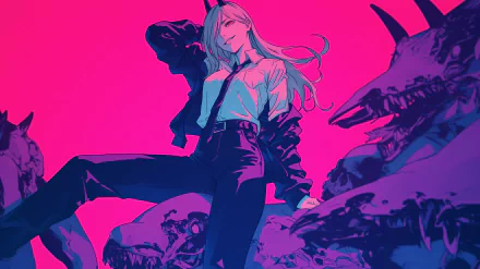 HD desktop wallpaper featuring Power from Chainsaw Man in an anime style. The vibrant pink and blue color scheme adds a dynamic feel to the image.