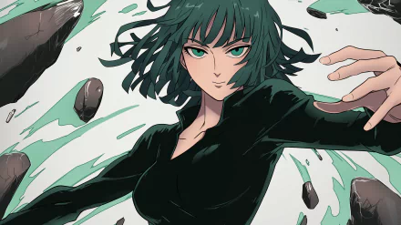 HD desktop wallpaper featuring Fubuki from One-Punch Man. The anime character is depicted with intense green eyes and flowing hair while surrounded by a vortex of debris.