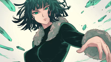 HD desktop wallpaper featuring Fubuki from the anime One-Punch Man, showcasing her with an intense expression, dark green hair, and emerald eyes, clad in her signature black outfit with a fur-trimmed collar and cuffs.