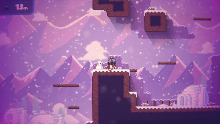 HD wallpaper of the video game Bread & Fred featuring a wintery mountain landscape with characters standing on a snowy platform. Pixelated art style with snowy background and igloos.