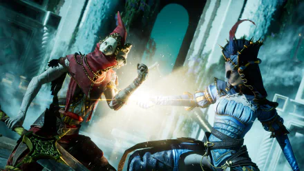 HD desktop wallpaper of the video game Enotria: The Last Song, depicting two characters in elaborate armor engaged in a dynamic battle scene with mystical energy.