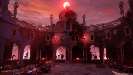 HD desktop wallpaper for the video game Enotria: The Last Song, featuring a dramatic courtyard scene with a glowing red sun casting eerie shadows and silhouetted figures.