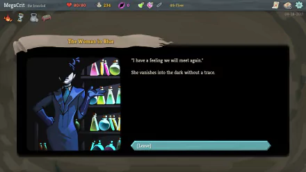 HD desktop wallpaper of the video game Slay the Spire, featuring a dark, mysterious character and text reading, I have a feeling we will meet again. She vanishes into the dark without a trace.
