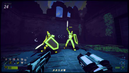 HD desktop wallpaper featuring a scene from the video game Robobeat, showcasing two neon-colored robotic warriors armed with swords and shields in a dark, ruined environment.