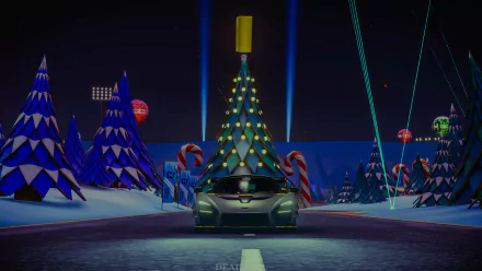 4K Ultra HD PC desktop wallpaper featuring a futuristic silver car driving through a neon-lit winter forest with stylized Christmas trees and candy cane decorations.