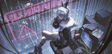 HD PC desktop wallpaper featuring Silver Wolf from Honkai: Star Rail, depicted as a girl with silver hair in a futuristic, cyber-themed setting.