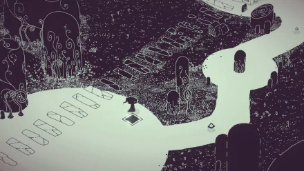 HD desktop wallpaper and background inspired by the video game Hauntii. The monochrome image features an eerie, stylized landscape with winding paths and abstract structures.