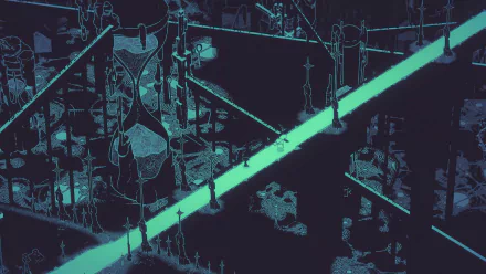 Hauntii HD desktop wallpaper featuring a thematic, dark-hued scene with bright pathways and intricate, abstract structures.