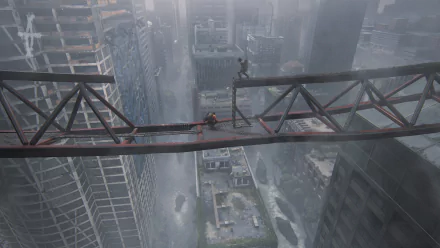 4K Ultra HD PC wallpaper featuring Abby Anderson and Lev from The Last of Us Part II crossing a high steel bridge above a foggy cityscape.
