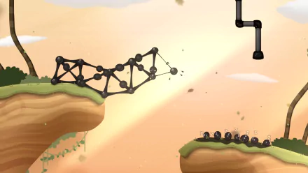 An HD desktop wallpaper background showing a scene from the video game World of Goo 2, featuring a structure of black goo balls bridging two cliffs against a warm sunset sky.
