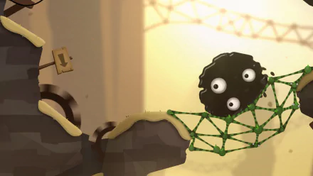 HD desktop wallpaper from the video game World of Goo 2, depicting a goo ball navigating a bridge made of green structures against a softly lit background.