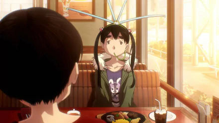 HD desktop wallpaper from the anime Dead Dead Demon's Dededede Destruction, depicting two characters sitting at a restaurant table, one with a surprised expression and antenna-like headgear.