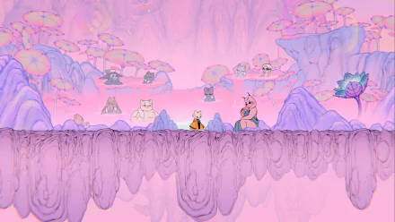 HD desktop wallpaper featuring art from the video game 'Nine Sols', showcasing a whimsical landscape with floating islands and mystical creatures in a pink and purple color palette.
