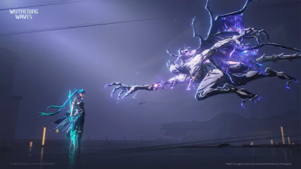 HD desktop wallpaper featuring a scene from the video game Wuthering Waves, depicting a character facing a large, glowing, blue and purple creature in a dynamic, ethereal confrontation.