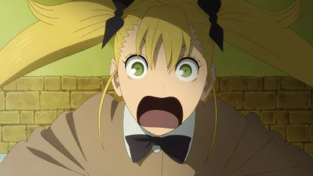 HD desktop wallpaper featuring Kikoru Shinomiya from the anime Kaiju No. 8, with a surprised expression set against a brick wall background.