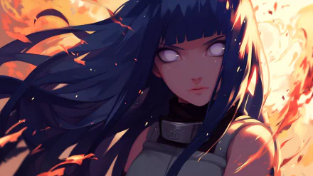 HD wallpaper of Hinata Hyuga from Naruto, showcasing her Byakugan. Her long blue hair flows into the background, which features fiery elements, emphasizing a dramatic and intense atmosphere.
