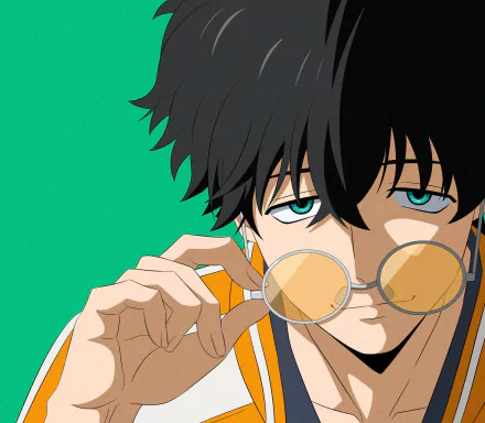Anime-style HD PC desktop wallpaper featuring Jou Togame from Wind Breaker, showcasing his black hair, blue eyes, and round yellow-tinted glasses against a green background.