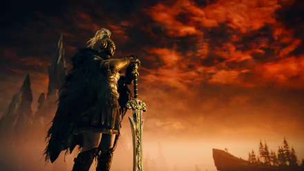 HD desktop wallpaper of Elden Ring: Shadow of the Erdtree, featuring a warrior with a large sword standing against a fiery sky.