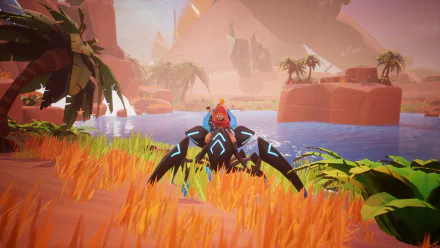 HD desktop wallpaper from the video game Astor: Blade of the Monolith, showing a character riding a futuristic creature in a vibrant, tropical setting with a river, palm trees, and mountains in the background.