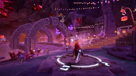 HD desktop wallpaper featuring vibrant and detailed imagery from the video game Astor: Blade of the Monolith, showcasing a lively and fantastical environment with characters and glowing structures.